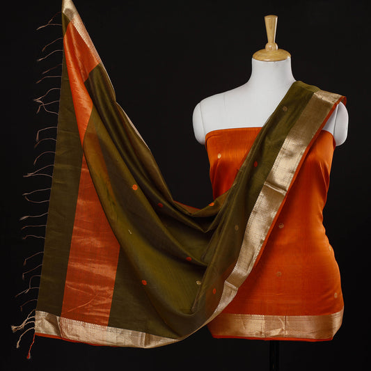 Orange - 2pc Maheshwari Silk Cotton Zari & Thread Work Handloom Suit Material Set