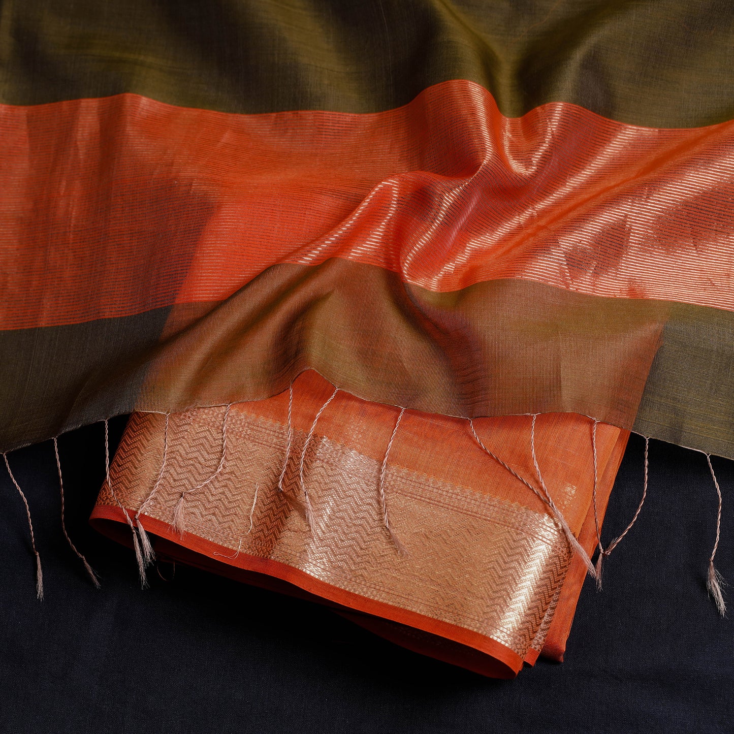 Orange - 2pc Maheshwari Silk Cotton Zari & Thread Work Handloom Suit Material Set