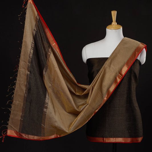 Brown - 2pc Maheshwari Silk Cotton Tissue Zari Work Handloom Suit Material Set