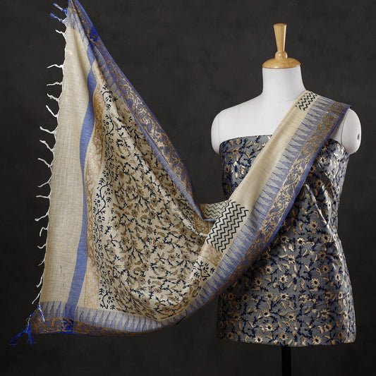 Blue - 3pc Gold Block Printed Silk Cotton Handloom Suit Material Set