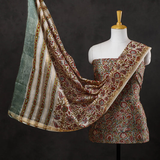 Green - 3pc Sanganeri Block Printed Maheshwari Silk Suit Material Set