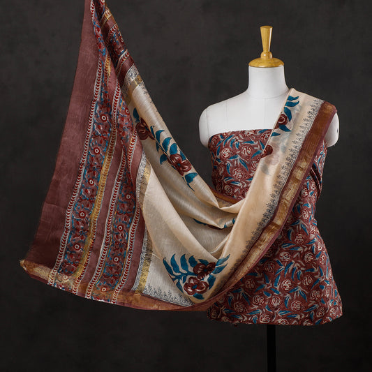 Maroon - 3pc Sanganeri Block Printed Maheshwari Silk Suit Material Set