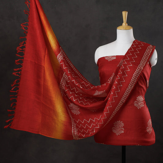 Red - 2pc Block Printed Tussar Silk Handloom Suit Material Set