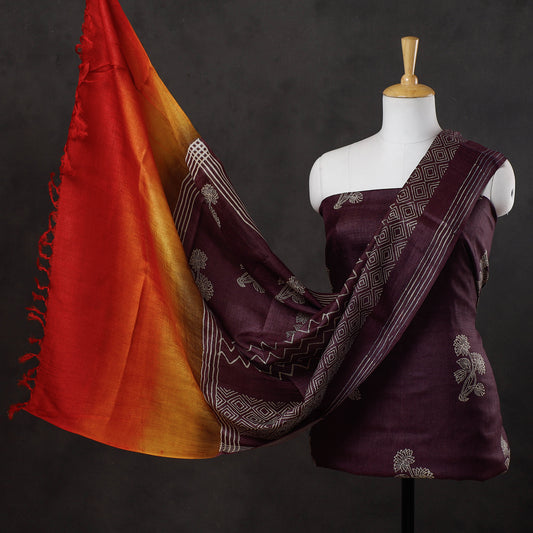 Purple - 2pc Block Printed Tussar Silk Handloom Suit Material Set