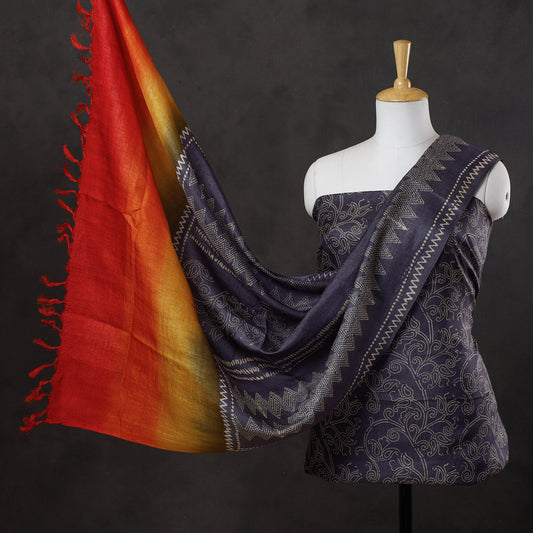 Purple - 2pc Block Printed Tussar Silk Handloom Suit Material Set