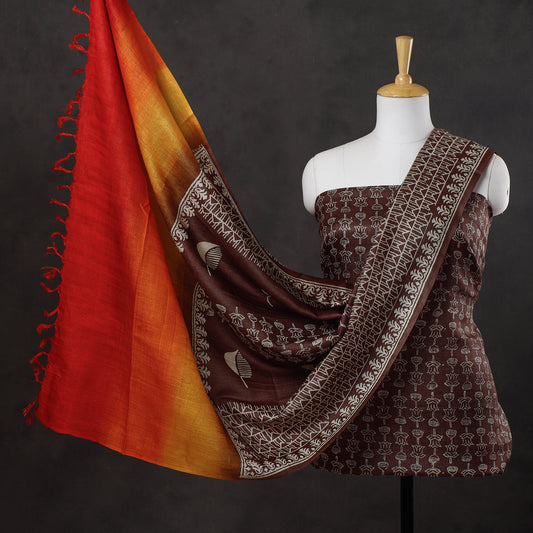 Brown - 2pc Block Printed Tussar Silk Handloom Suit Material Set