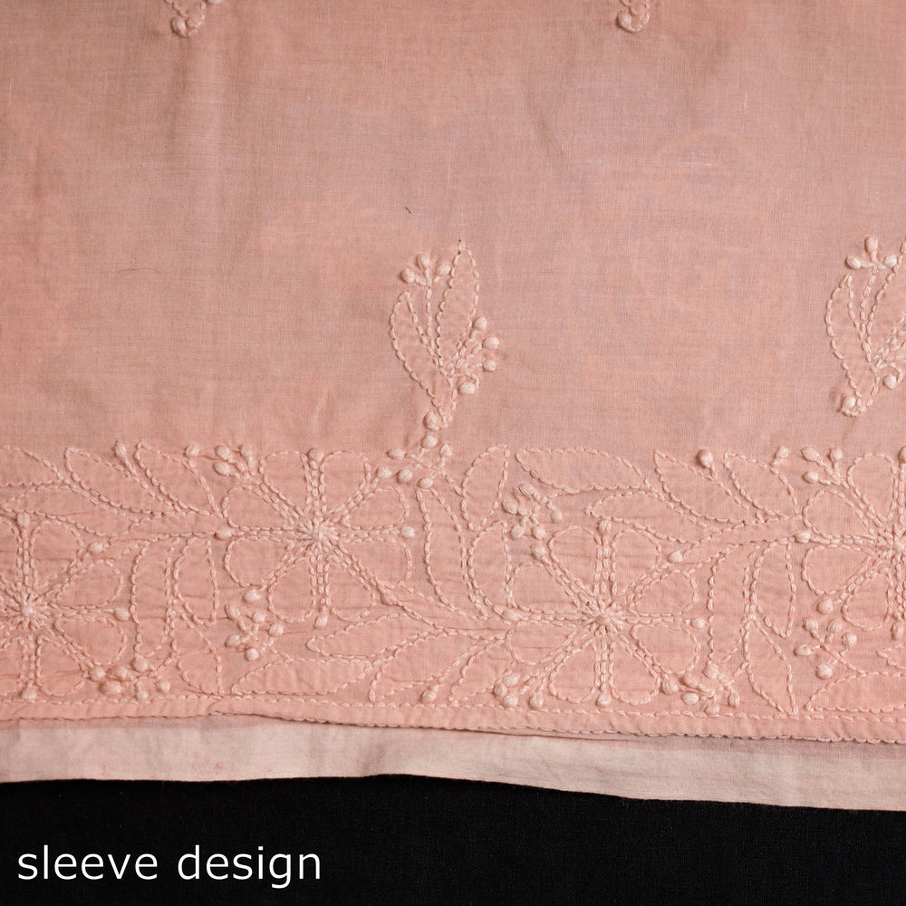 Peach - Lucknow Chikankari Hand Embroidery Mul Cotton Kurta Material - 2 Meter