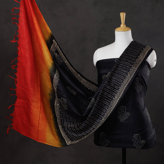 Black - 2pc Block Printed Tussar Silk Handloom Suit Material Set