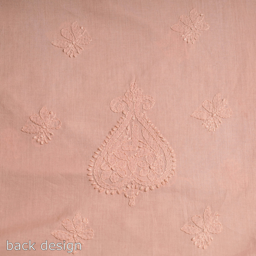 Peach - Lucknow Chikankari Hand Embroidery Mul Cotton Kurta Material - 2 Meter