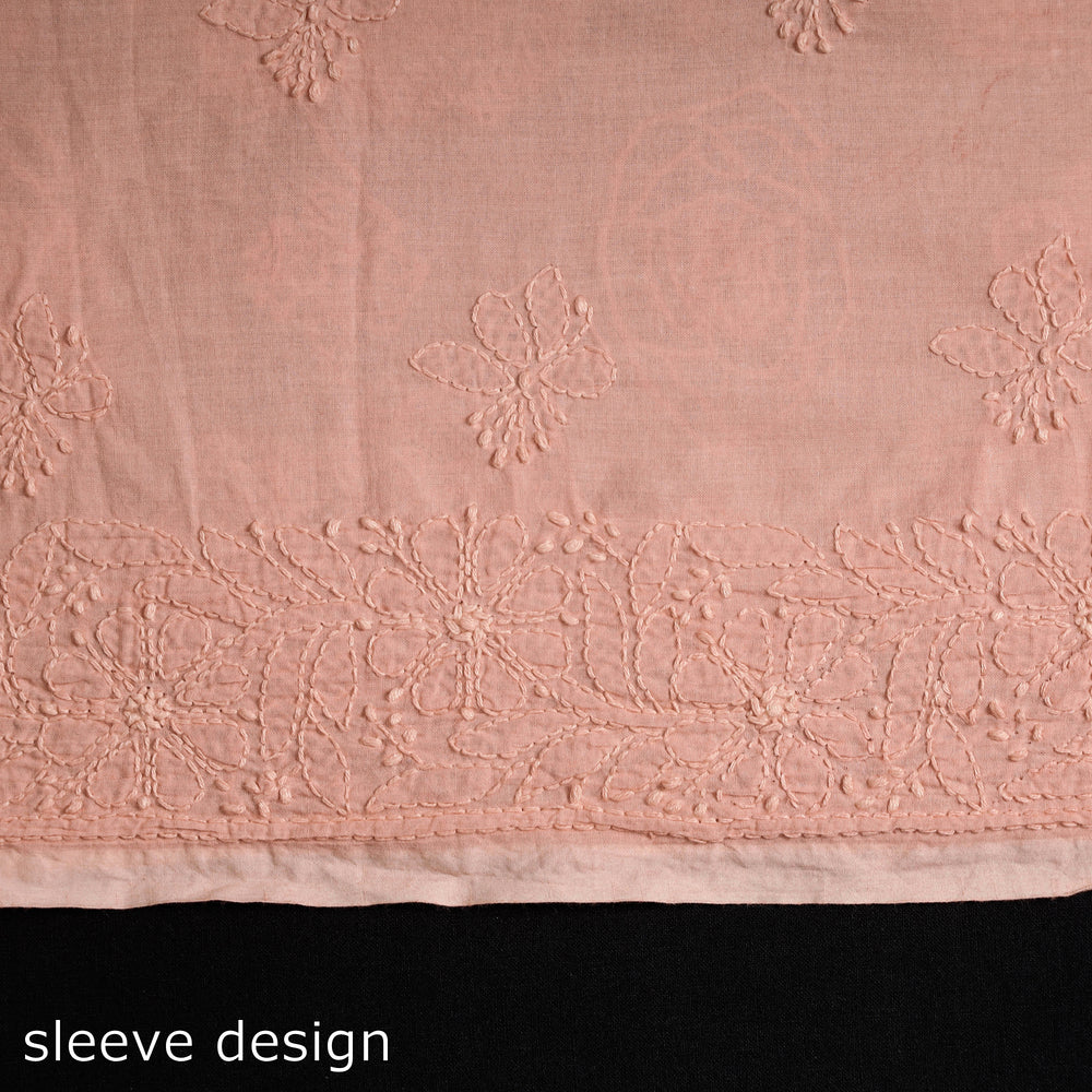 Peach - Lucknow Chikankari Hand Embroidery Mul Cotton Kurta Material - 2 Meter