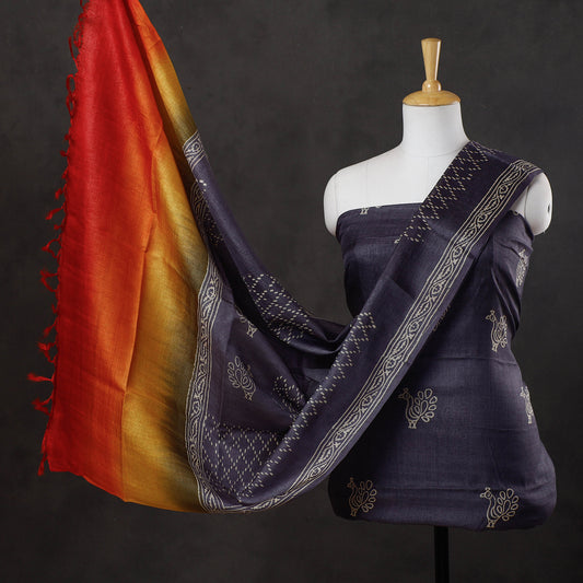 Blue - 2pc Block Printed Tussar Silk Handloom Suit Material Set
