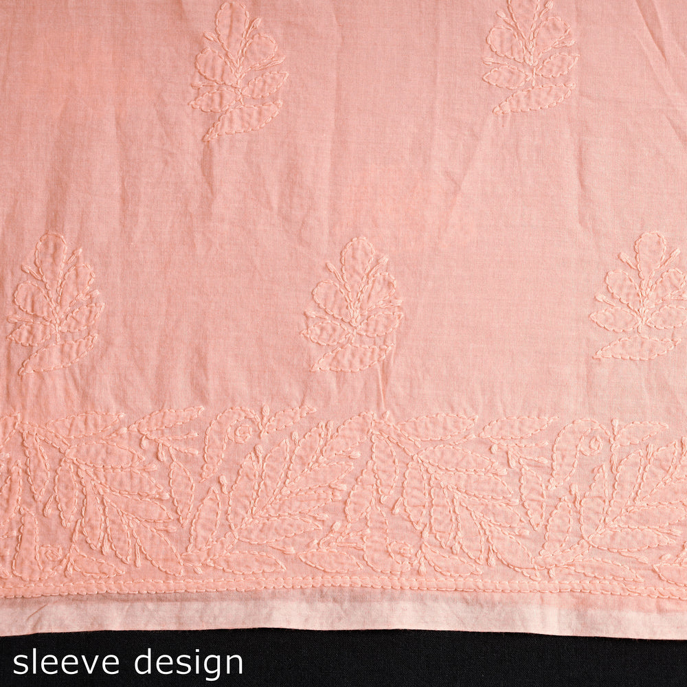 Peach - Lucknow Chikankari Hand Embroidery Mul Cotton Kurta Material - 2 Meter