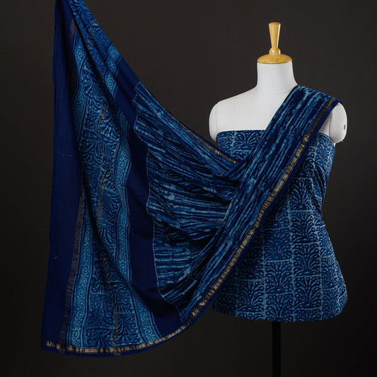 Blue - 3pc Akola Block Printed Cotton Suit Material Set