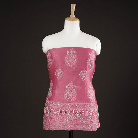 Pink - Lucknow Chikankari with Parsi Style Embroidery Chanderi Silk Kurta Material - 3.25 Meter