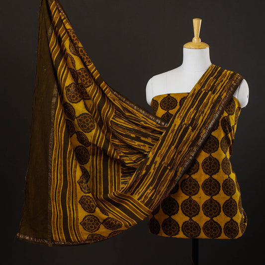 Yellow - 3pc Akola Block Printed Cotton Suit Material Set