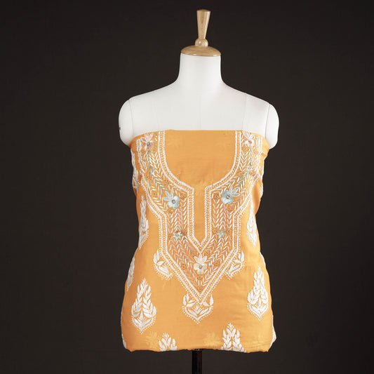 Orange - Lucknow Chikankari with Parsi Style Embroidery Chanderi Silk Kurta Material - 3.1 Meter