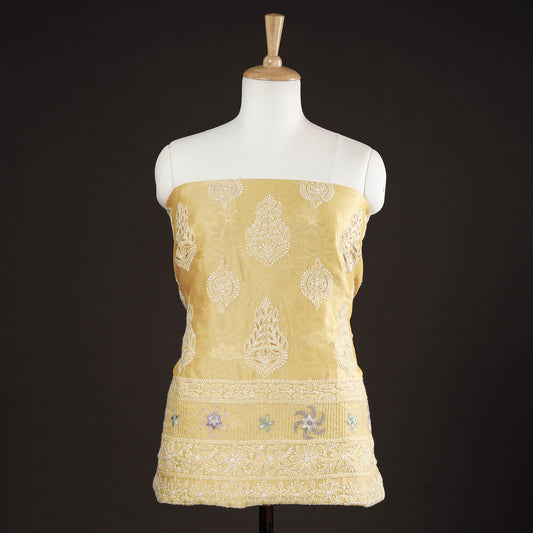 Yellow - Lucknow Chikankari with Parsi Style Embroidery Chanderi Silk Kurta Material - 3.2 Meter