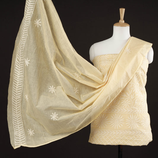 Yellow - 2pc Lucknow Chikankari Hand Embroidery Kota Doria Cotton Suit Material Set