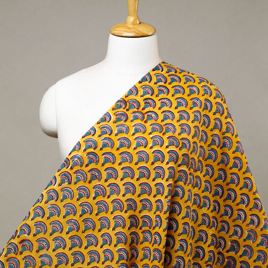 Corn Yellow Blue Motifs Sanganeri Block Printed Cotton Fabric