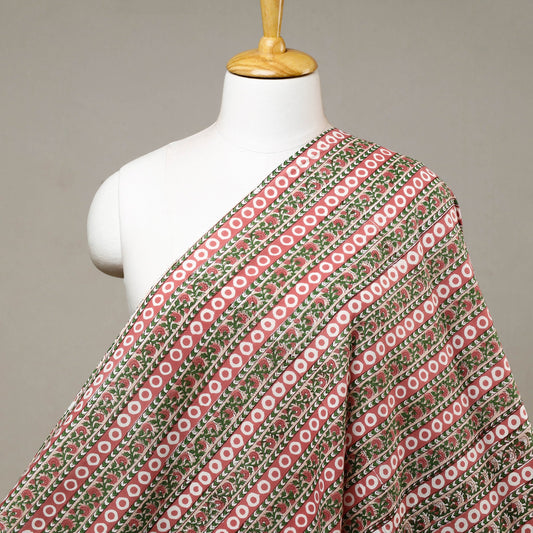Bloom Flowers Stripes Pattern In Red & Green Sanganeri Block Printed Cotton Fabric