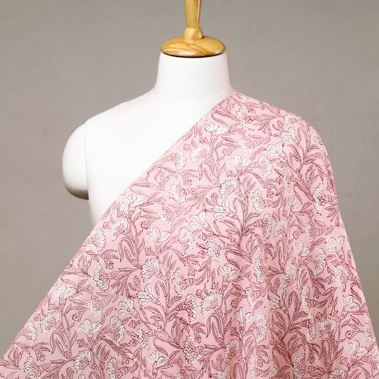Cherry Pink Flower Forage Sanganeri Block Printed Cotton Fabric