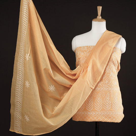 Orange - 2pc Lucknow Chikankari Hand Embroidery Kota Doria Cotton Suit Material Set