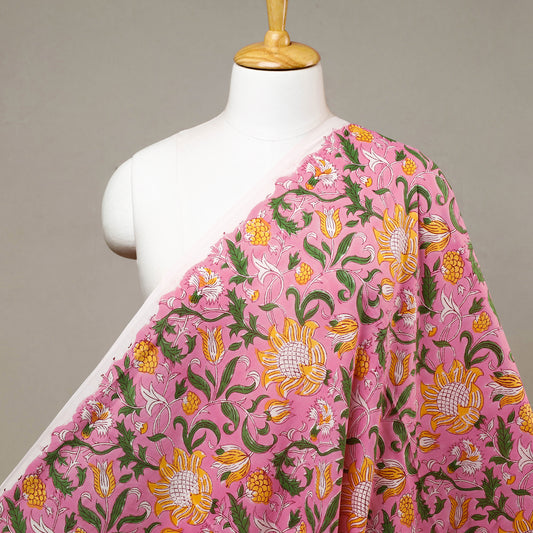 Hot Pink Sunflower Pattern Sanganeri Block Printed Cotton Fabric
