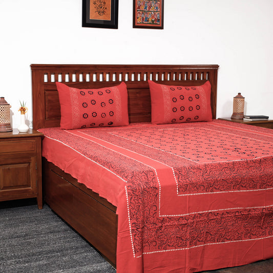 Red - Ajrakh Block Printed Cotton Double Bed Cover with Pillow Covers (112 x 88 in)