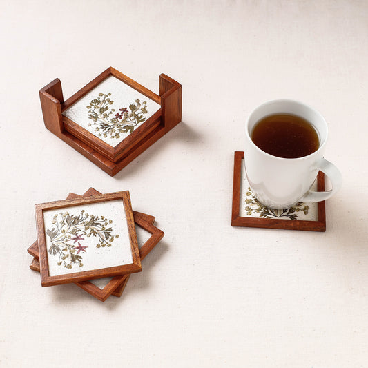Set of 6 - Flower Art Work Wooden Square Coasters with Stand (4 x 4 in)