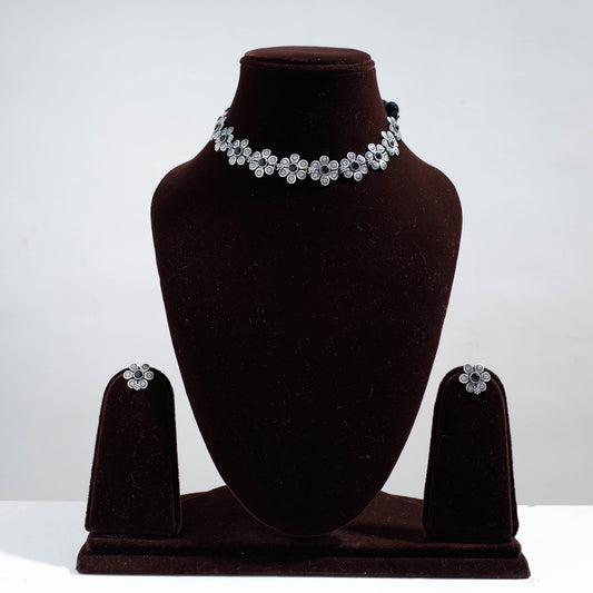 Antique Silver Finish Oxidised Brass Base Choker Necklace Set