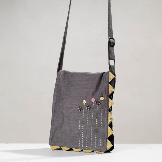 Grey - Jugaad Handmade Patchwork Cotton Flap Sling Bag