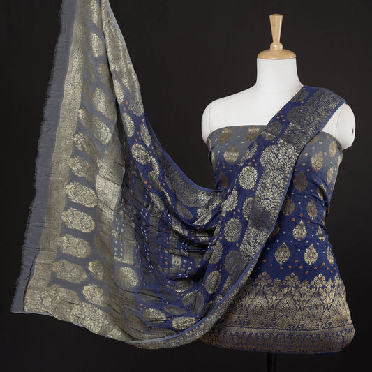 Blue - 3pc Kutch Bandhani Zari Work Georgette Suit Material Set