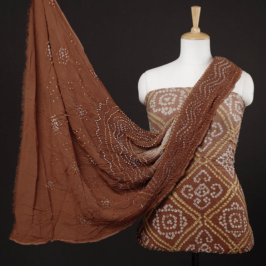 Brown - 3pc Kutch Bandhani Georgette Suit Material Set