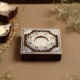  Hand Carved Sheesham Wood Block Tealight Candle Holder Online at iTokri.com 