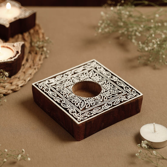Hand Carved Sheesham Wood Block Tealight Candle Holder