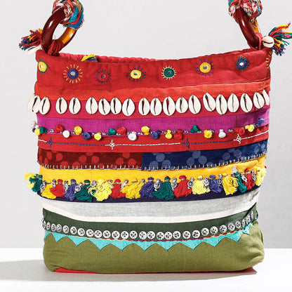 Multicolor - Lambani Mirror & Shell Work Hand Embroidery Patchwork Cotton Shoulder Bag with Tassels