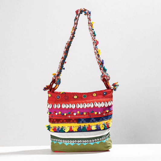 Multicolor - Lambani Mirror & Shell Work Hand Embroidery Patchwork Cotton Shoulder Bag with Tassels