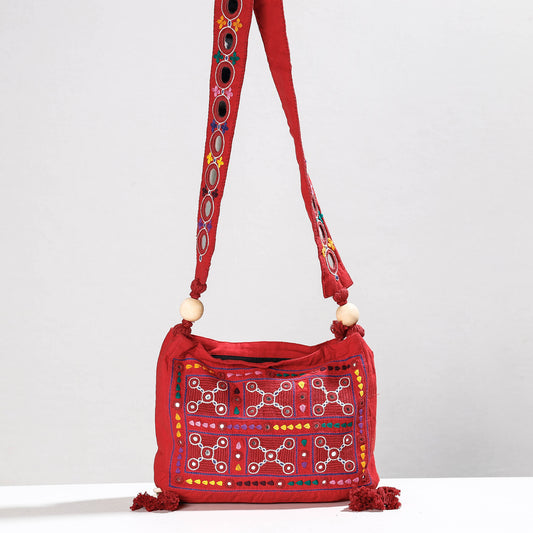 Red - Lambani Mirror Work Hand Embroidery Cotton Sling Bag