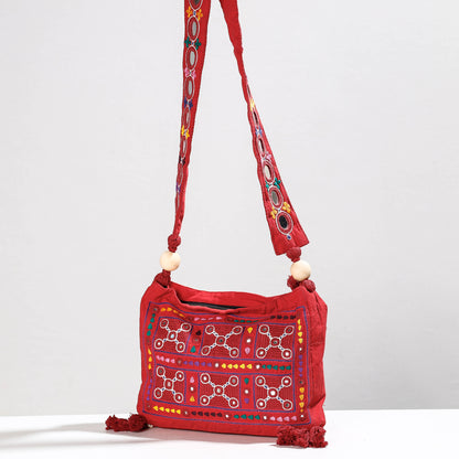 Red - Lambani Mirror Work Hand Embroidery Cotton Sling Bag