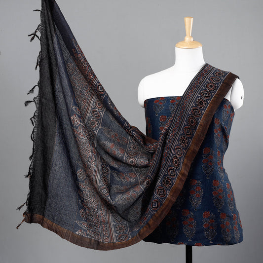 Blue - 2pc Ajrakh Hand Block Printed Linen Silk Suit Material Set