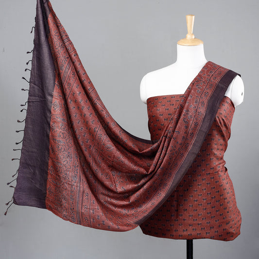 Red - 2pc Ajrakh Hand Block Printed Tussar Silk Handloom Material Suit Set