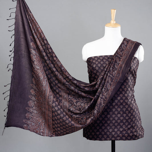 Black - 2pc Ajrakh Hand Block Printed Tussar Silk Handloom Material Suit Set