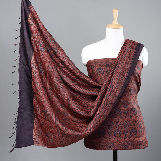 Red - 2pc Ajrakh Hand Block Printed Tussar Silk Handloom Material Suit Set