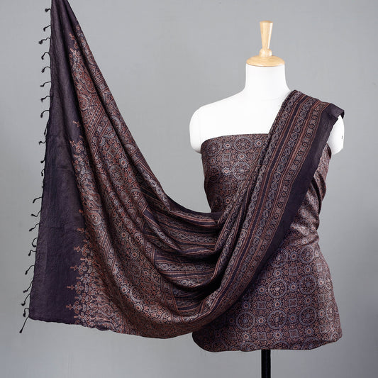 Maroon - 2pc Ajrakh Hand Block Printed Tussar Silk Handloom Material Suit Set
