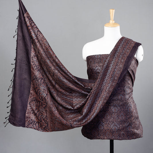 Black - 2pc Ajrakh Hand Block Printed Tussar Silk Handloom Material Suit Set