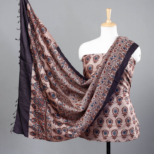 Beige - 2pc Ajrakh Hand Block Printed Tussar Silk Handloom Material Suit Set