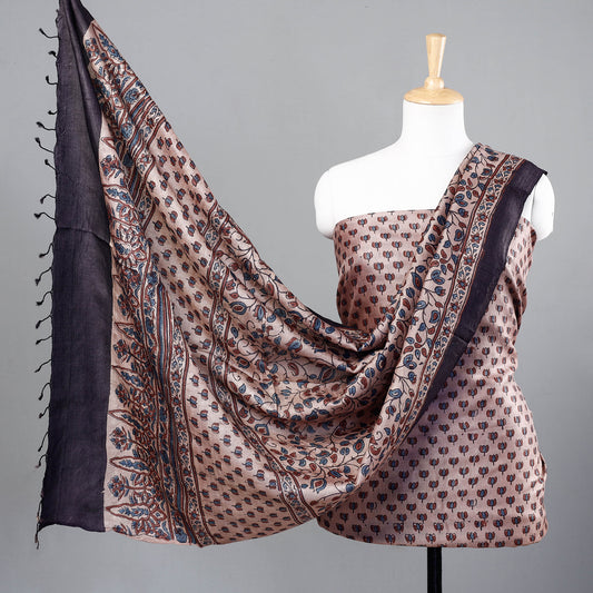 Beige - 2pc Ajrakh Hand Block Printed Tussar Silk Handloom Material Suit Set