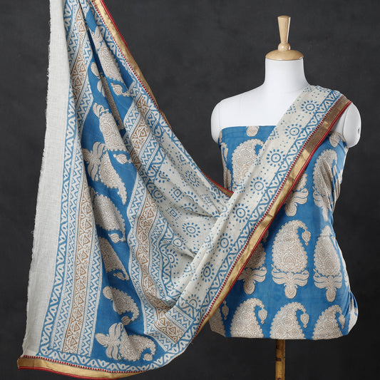 Blue - 3pc Indigo Bagh Block Printed Cotton Suit Material Set With Zari Border Dupatta