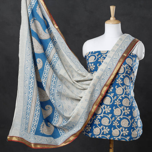 Blue - 3pc Indigo Bagh Block Printed Cotton Suit Material Set With Zari Border Dupatta