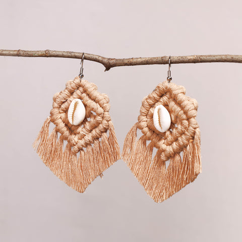  Thread & Seashell Work Handmade Macrame Earrings 